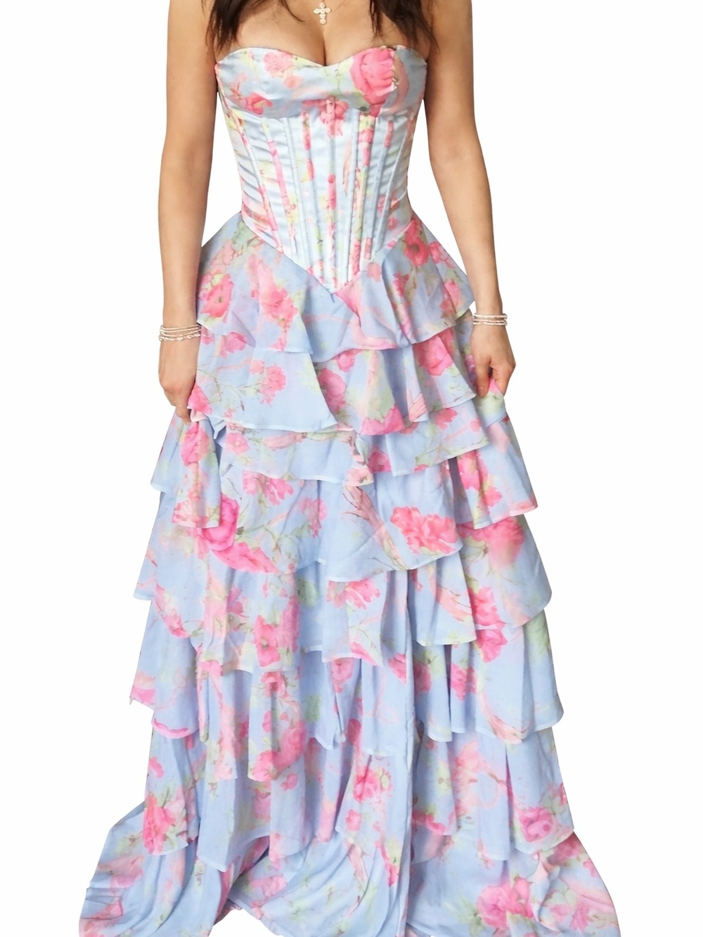 Pastel Blue Strapless Floral Ruffle Maxi Dress